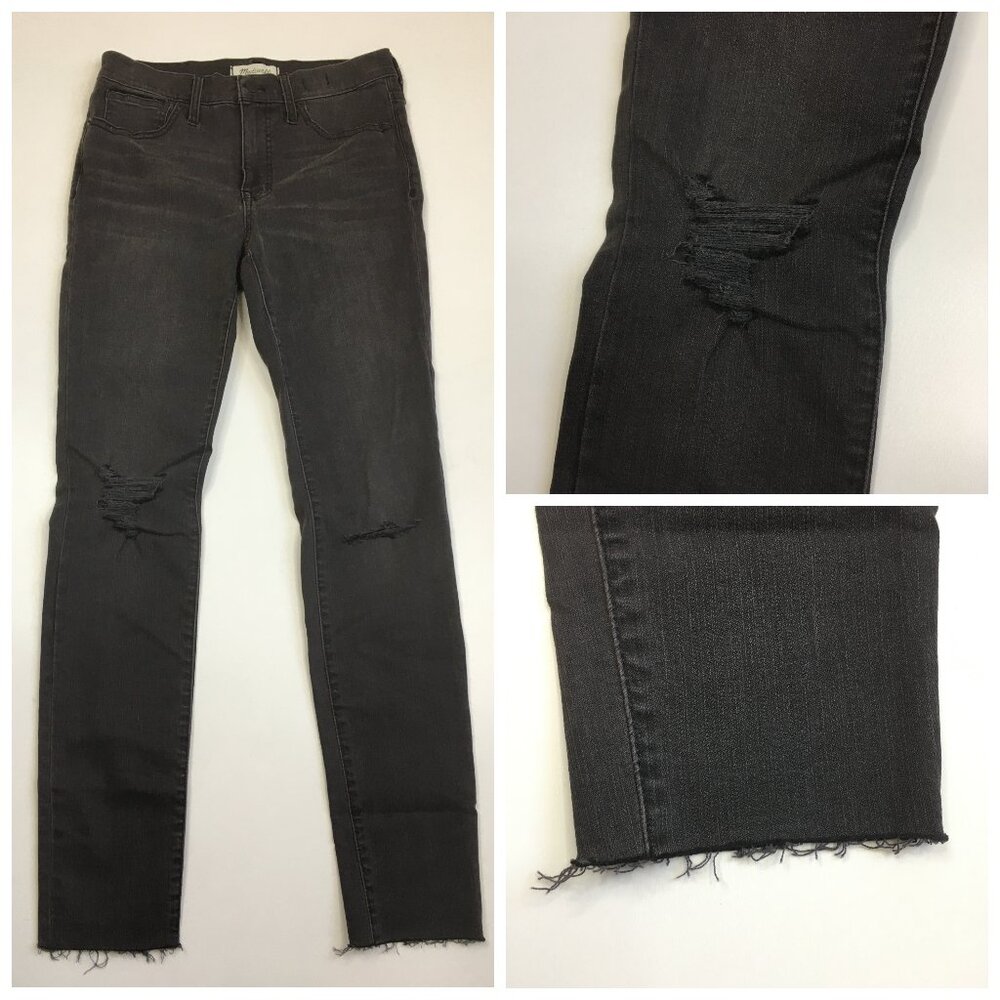 MADEWELL Black Wash 9" High Rise Skinny Distressed Fray Hem Jeans